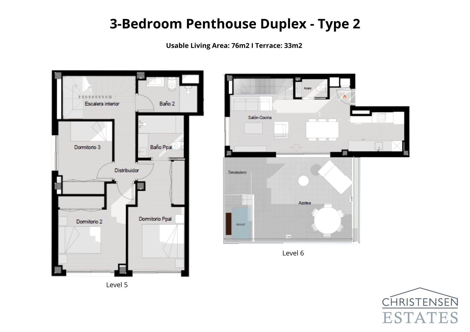 An alternative three-bedroom duplex penthouse floor plan, designed for optimal comfort with a rooftop solarium and jacuzzi area.