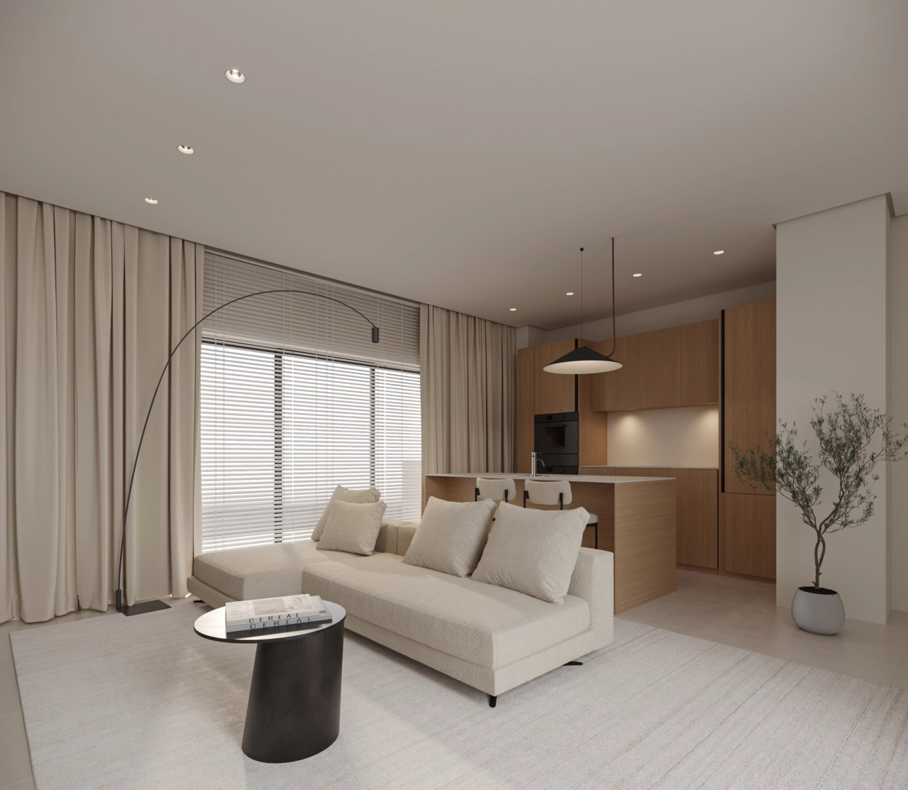 A stylish living room and kitchen, where clean lines and natural materials create a warm, inviting atmosphere.