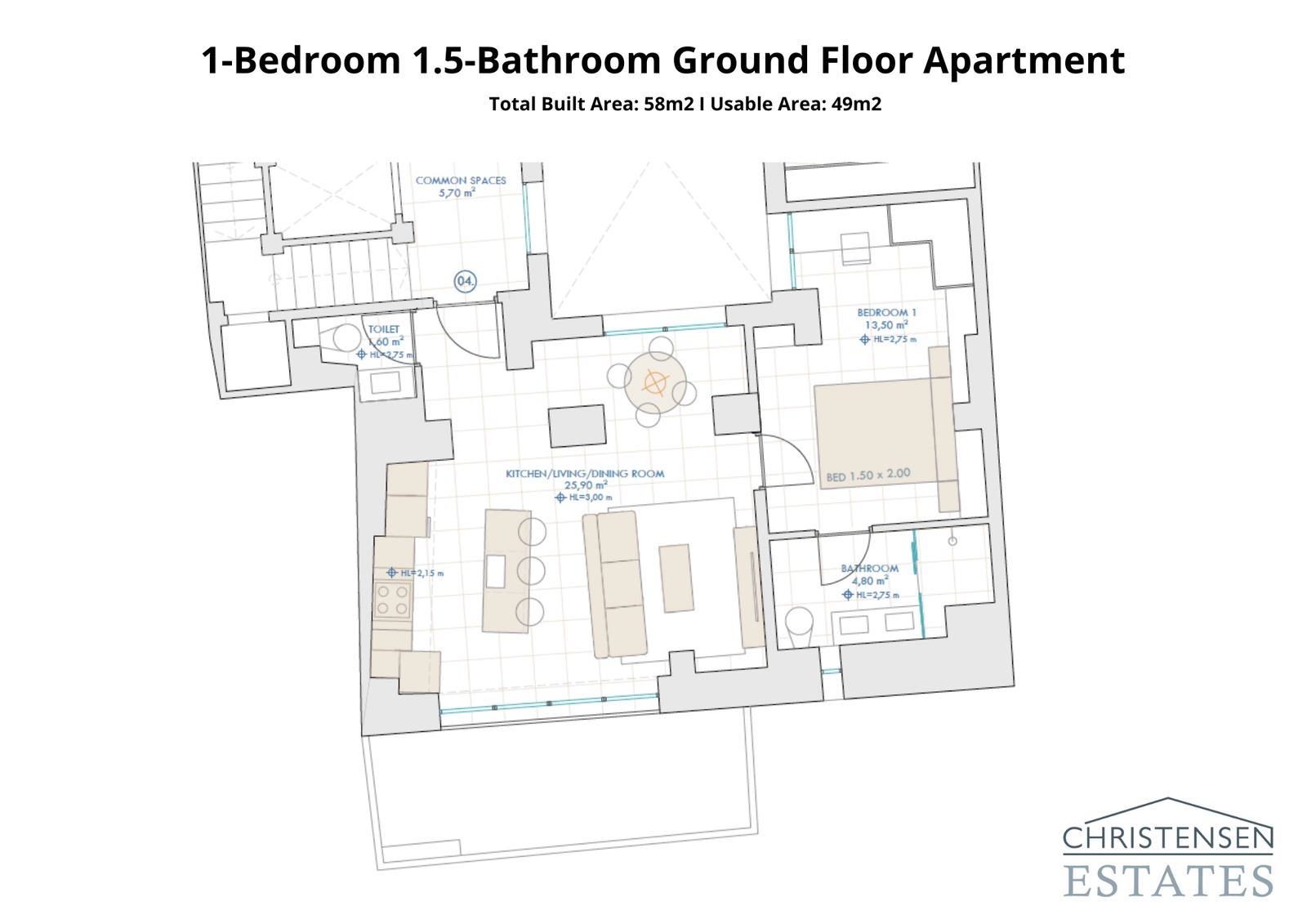 Plan for the one-bedroom ground floor home. The layout creates a smart and comfortable living space.