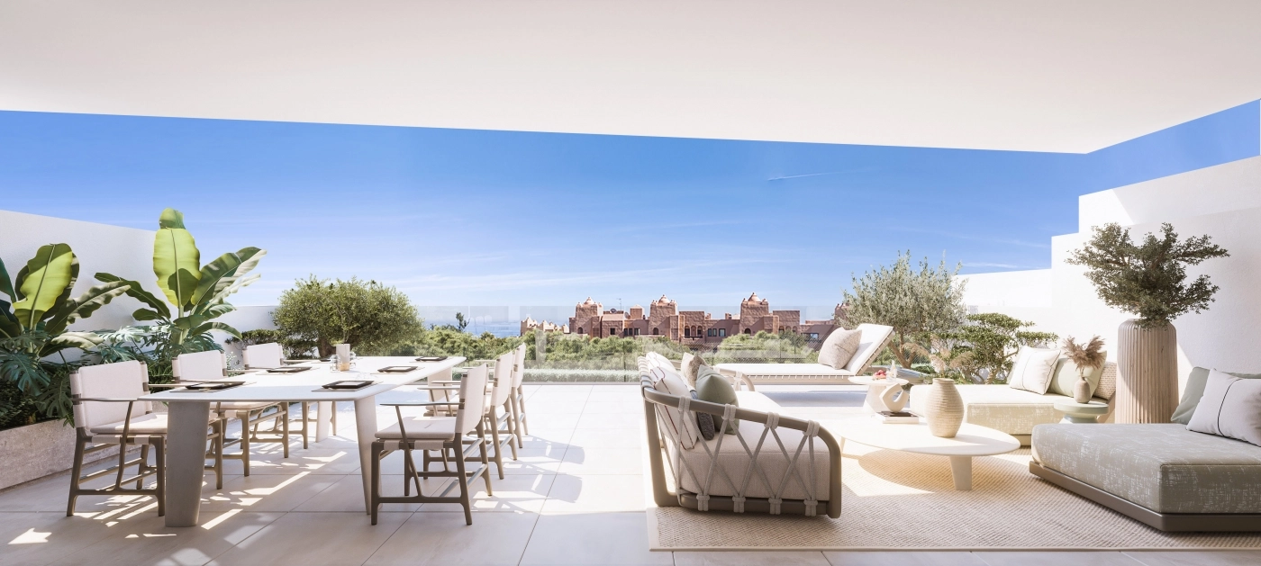 A view of the expansive terrace, an ideal space for dining, relaxing, and enjoying the Costa del Sol lifestyle.