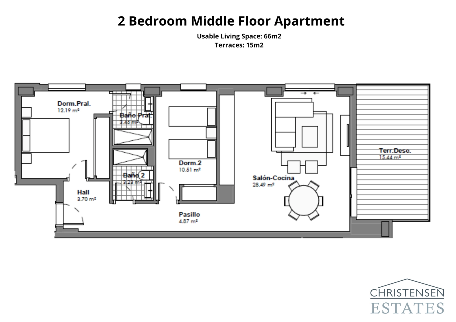 This two-bedroom layout shows a smart design with an open-plan living area that connects to a generous private terrace.