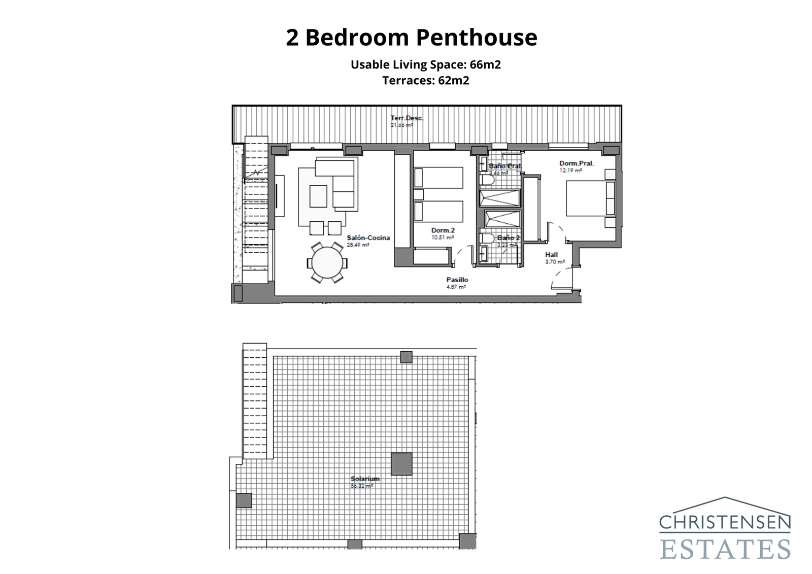 The two-bedroom penthouse plan features a spectacular rooftop solarium, perfect for private sunbathing and entertaining with great views.
