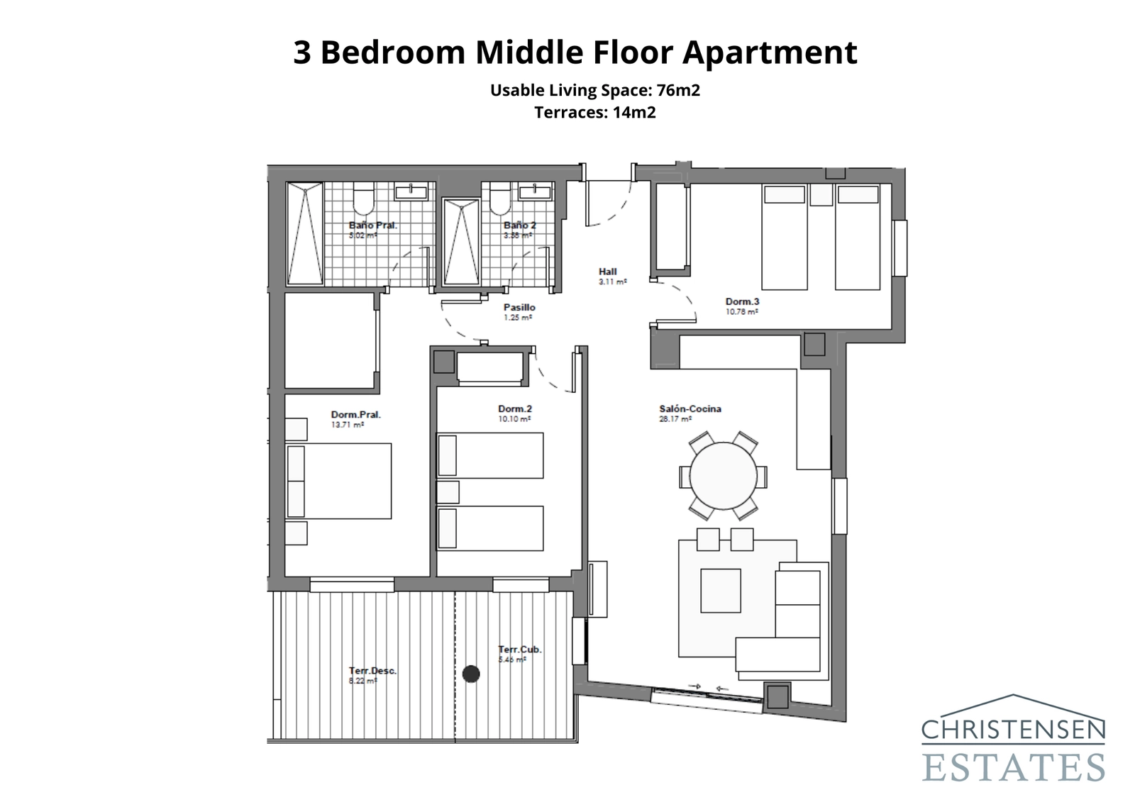 A spacious three-bedroom home, thoughtfully designed for family comfort with a well-defined living space flowing onto a terrace.