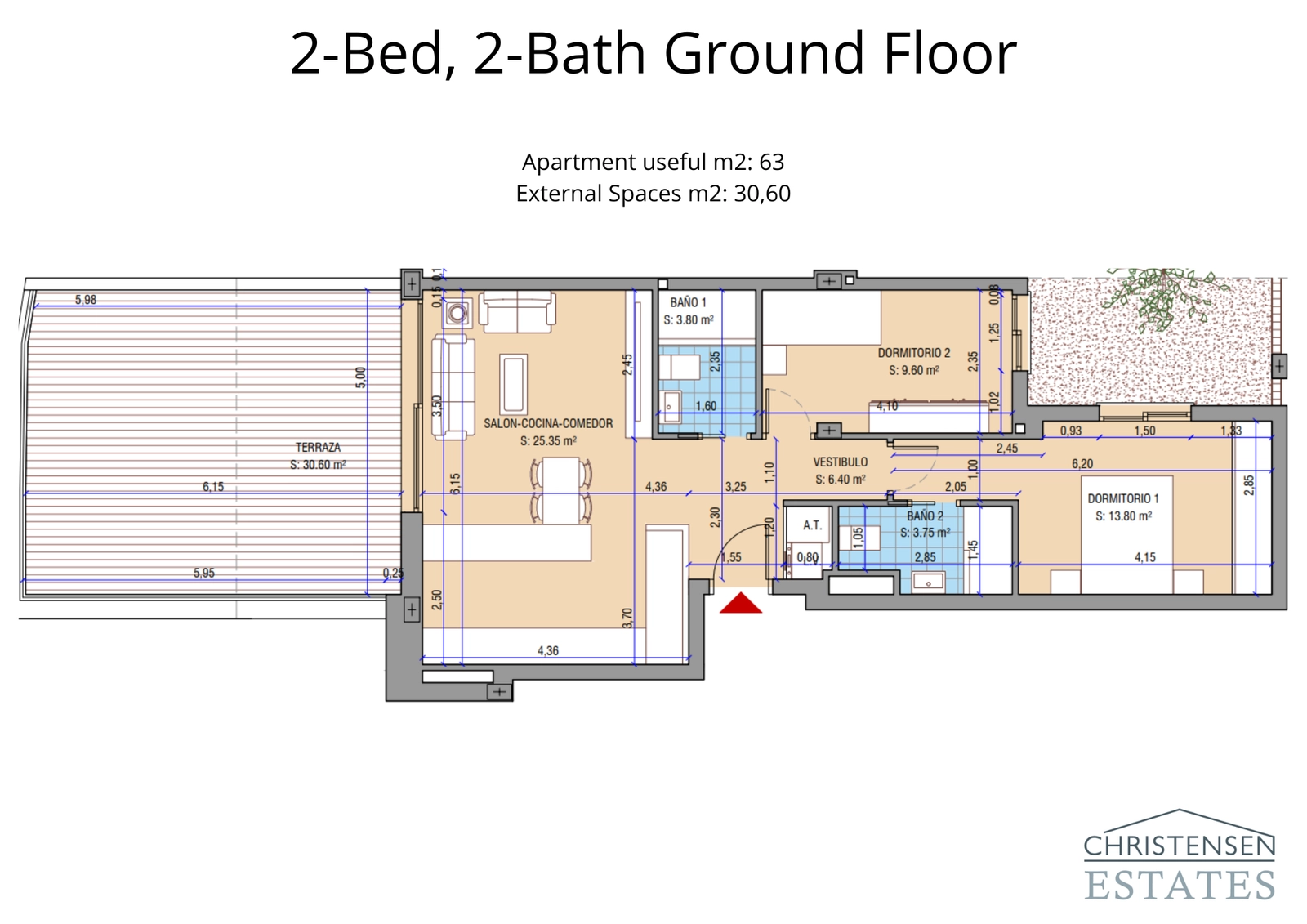 Layout for a two-bedroom ground floor apartment, featuring a large private terrace of over 30 m², perfect for outdoor living.