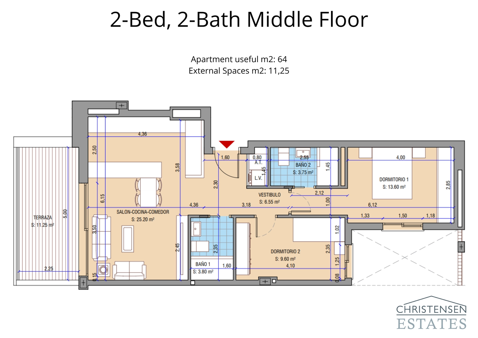 Floor plan for a two-bedroom middle floor apartment, showcasing an efficient layout with a private terrace and open-plan living area.
