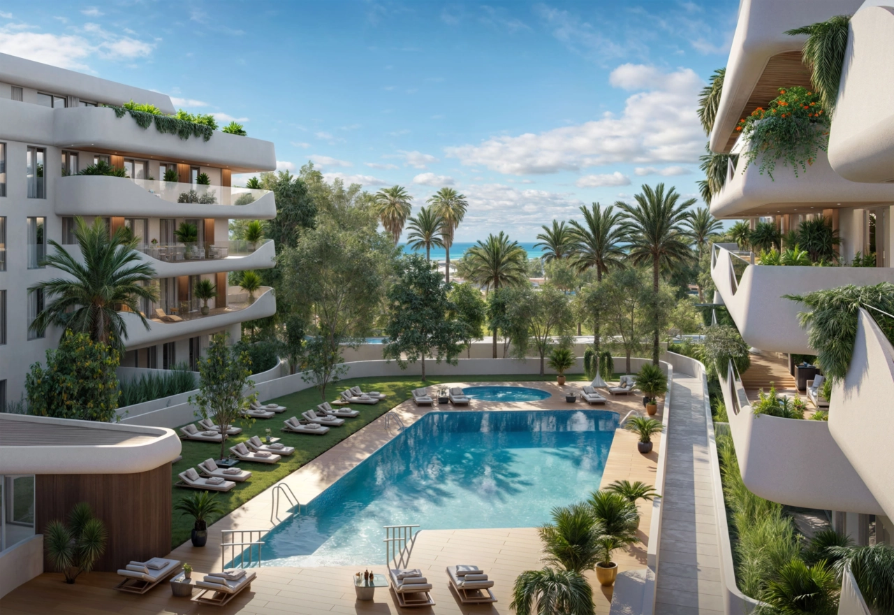 Relax by the inviting communal pool with the Mediterranean coastline as your backdrop.