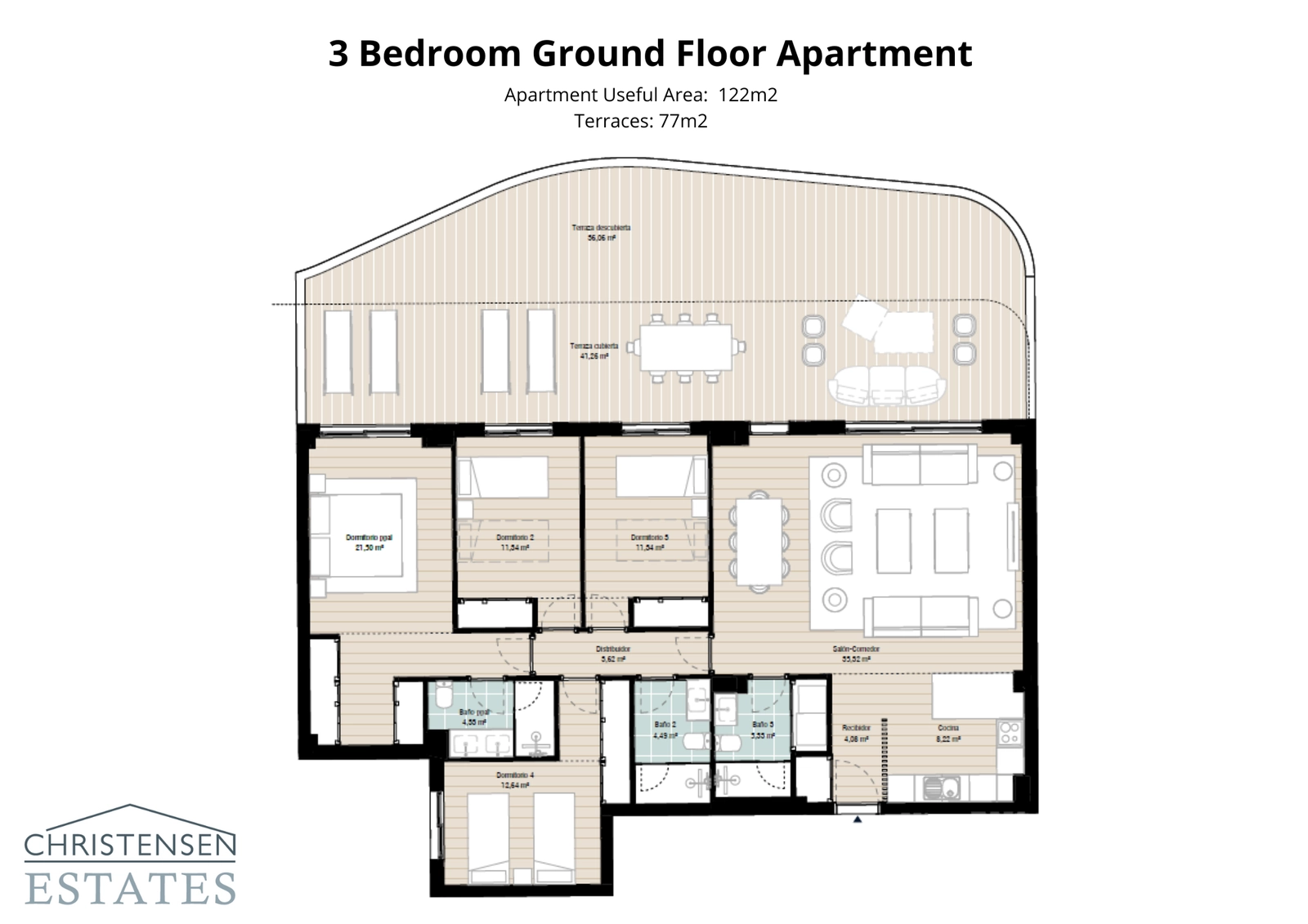 This three-bedroom ground floor layout offers expansive living areas that open directly onto a large terrace and private garden.