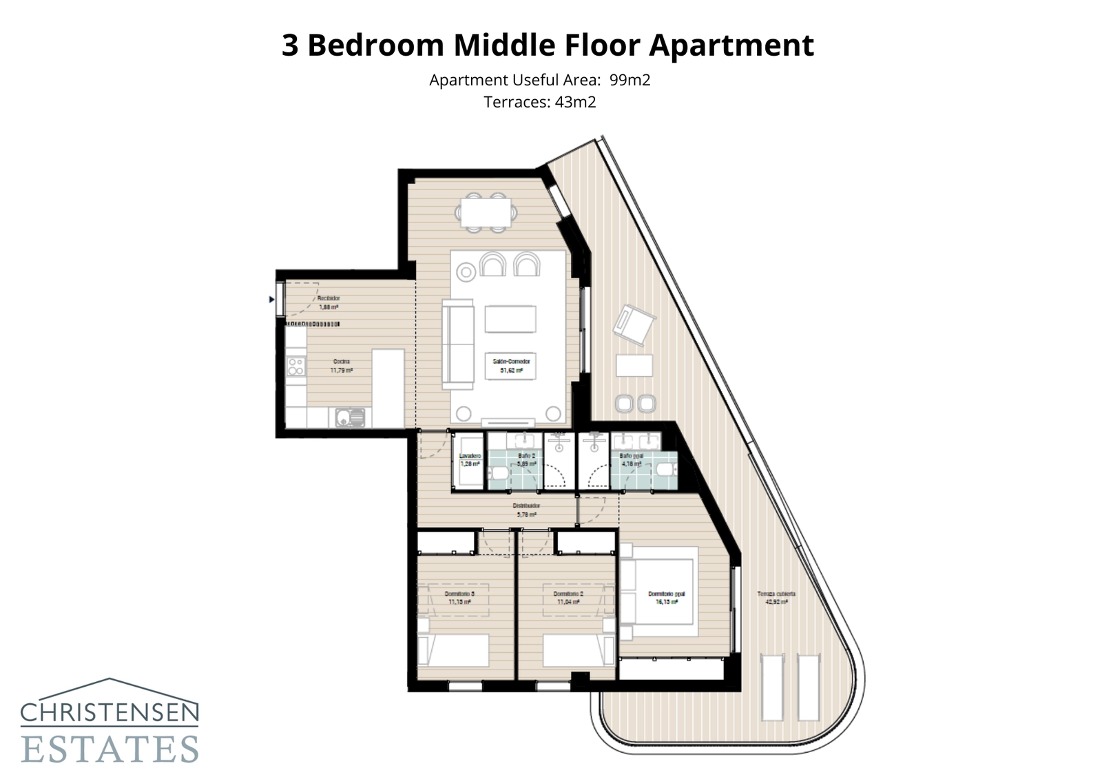 An intelligently designed three-bedroom apartment plan, featuring a generous terrace to maximize the indoor-outdoor lifestyle.