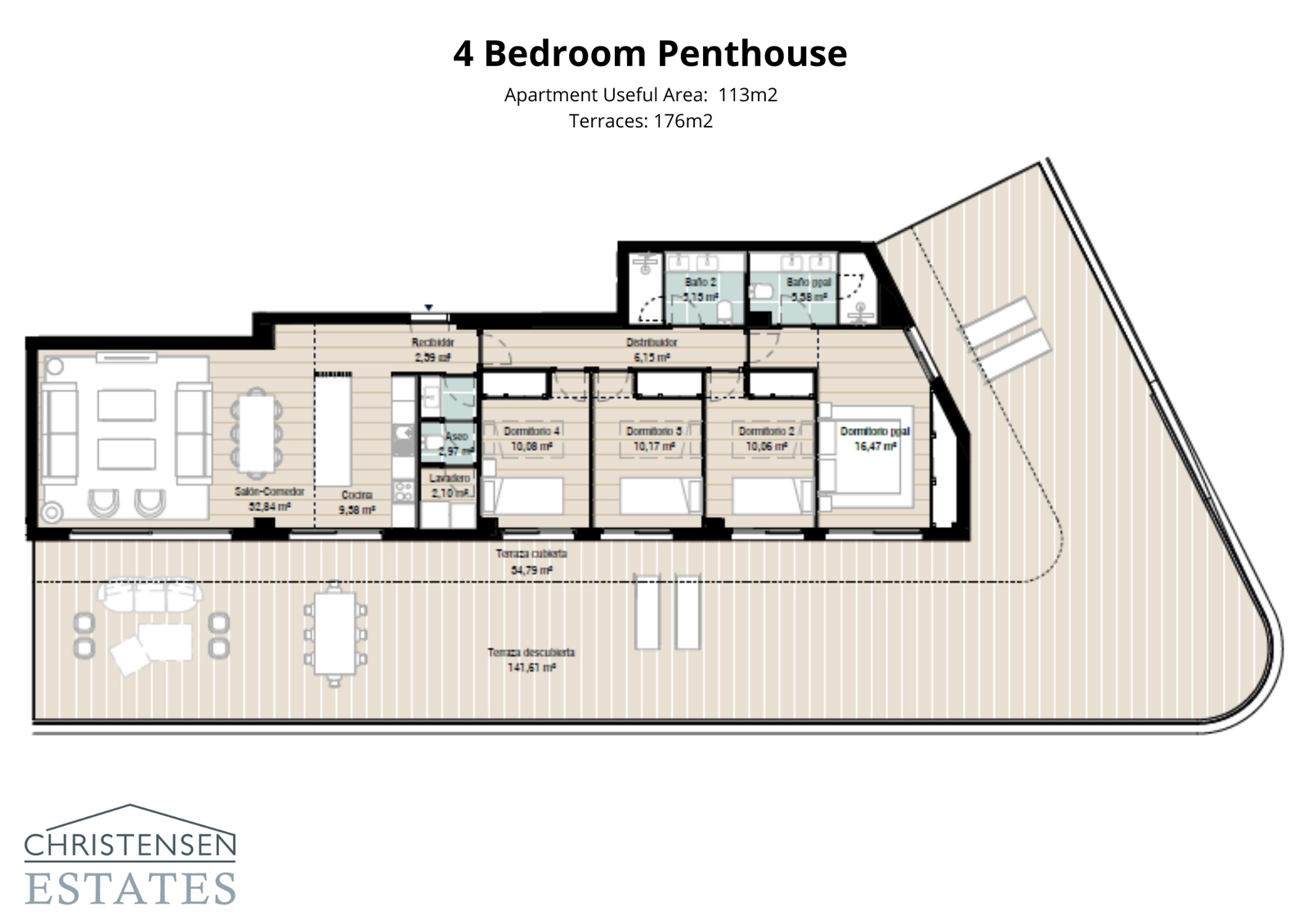 This four-bedroom penthouse floor plan provides exceptional space and comfort, with a vast terrace for enjoying panoramic views.