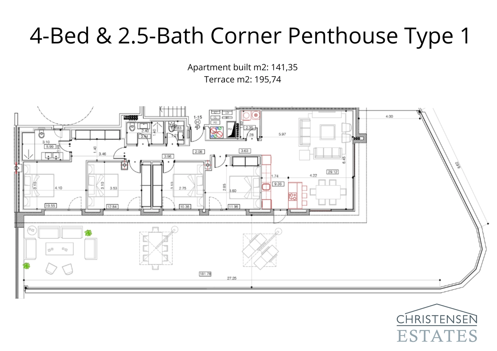 Spacious 4-bedroom corner penthouse layout with an expansive 195 m² terrace, ideal for entertaining and enjoying the views.