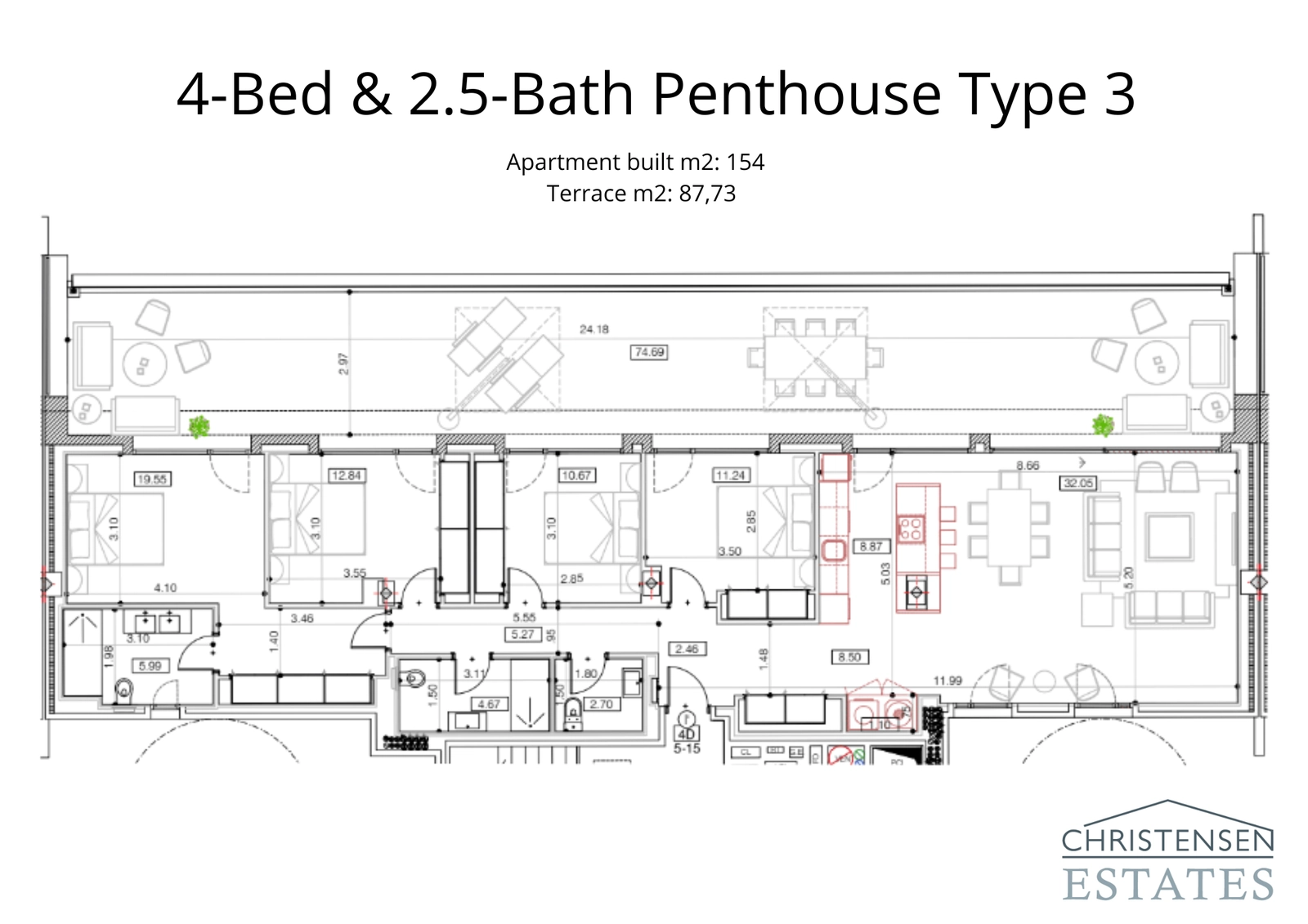 An elegant 154 m² 4-bedroom penthouse configuration offering a comfortable flow and an 87 m² terrace for outdoor living.