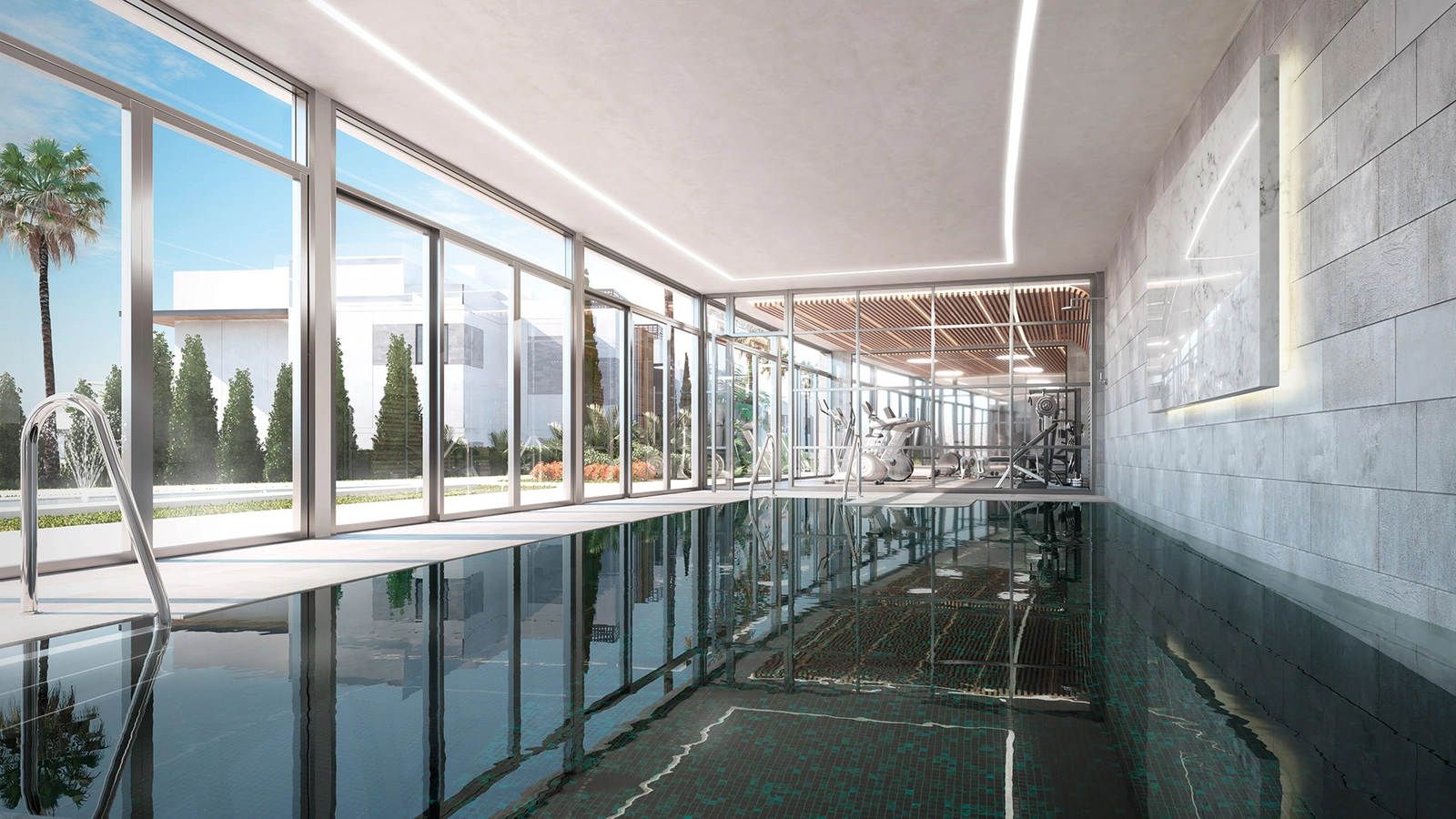 The indoor spa facilities include a heated pool and a fully equipped gymnasium.