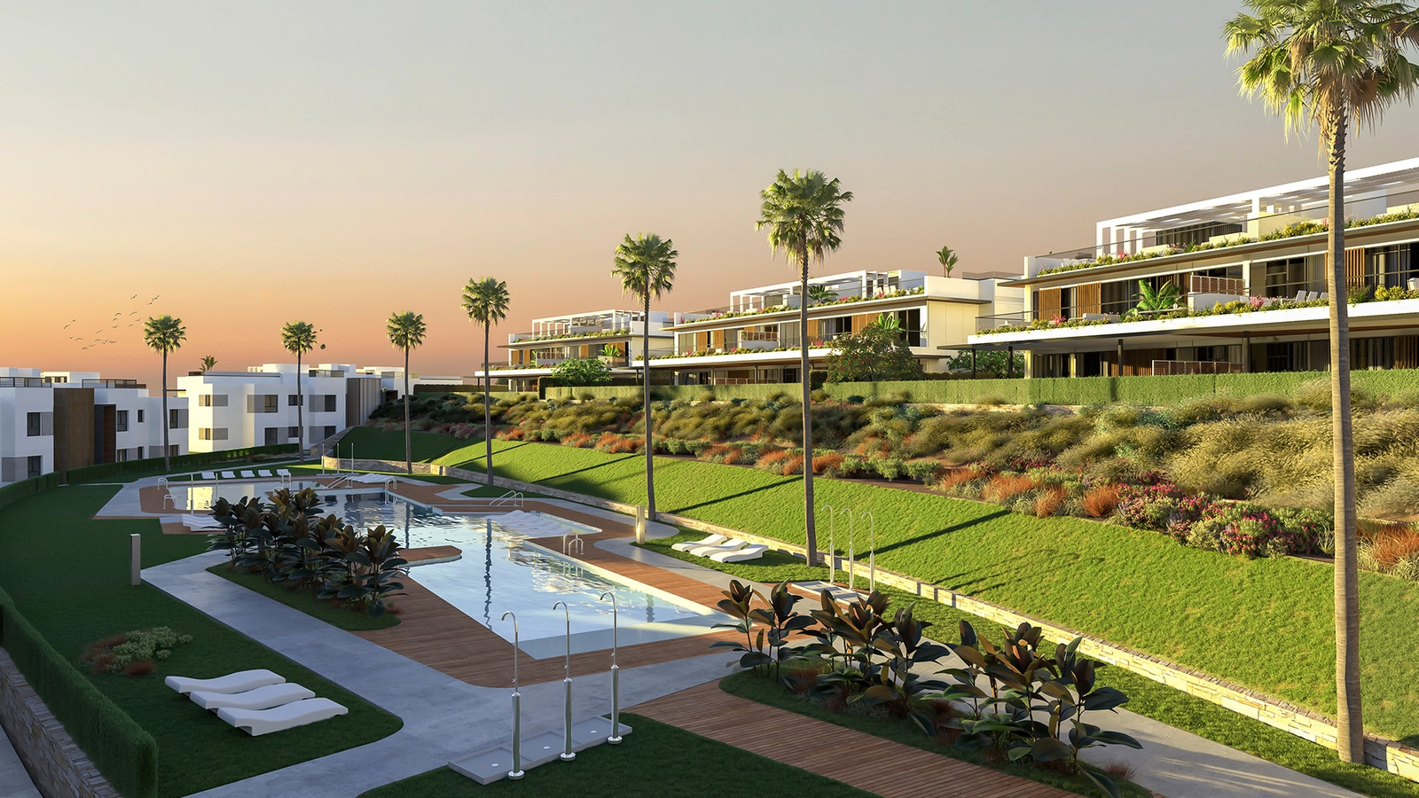 The beautiful community gardens and swimming pools offer a tranquil escape for residents.