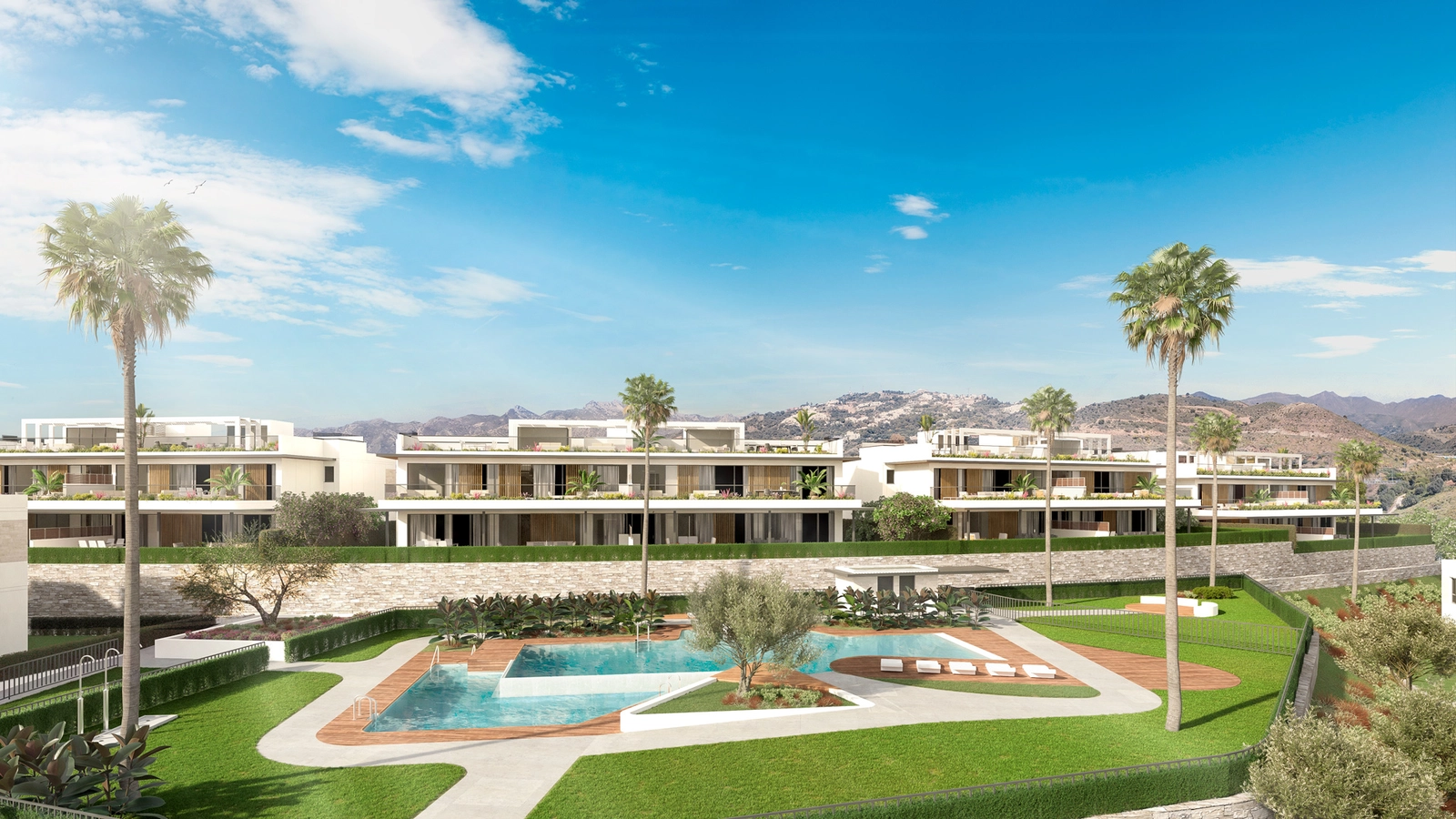 Residents can enjoy the large communal swimming pool set within landscaped gardens.