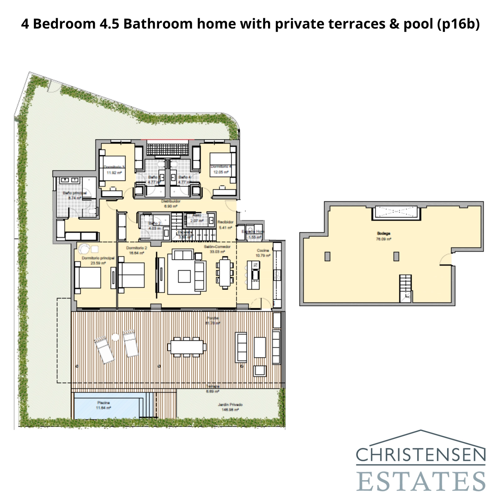 This four-bedroom ground floor layout features spacious interiors connected to a generous terrace and private garden, ideal for family life.
