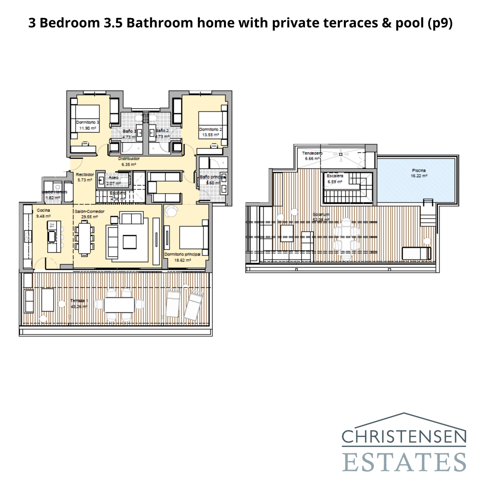 A three-bedroom home design with an expansive living area, private terraces, and its own rooftop pool for the ultimate luxury lifestyle.