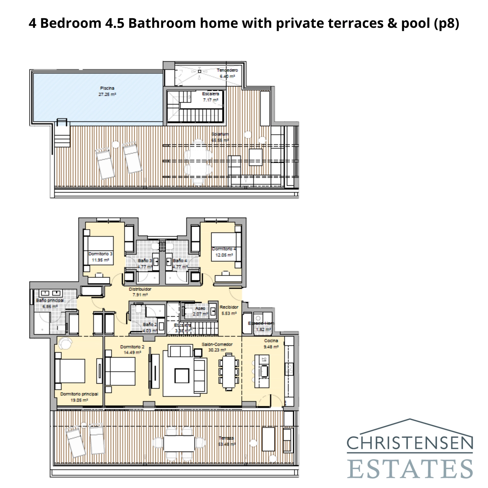 An elegant four-bedroom duplex apartment layout, offering multiple terraces and a large rooftop solarium with a private pool.