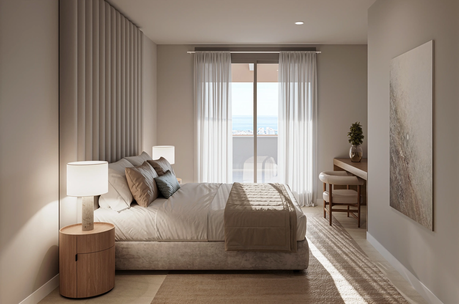A tranquil master bedroom offering comfort, style, and private access to sea views.