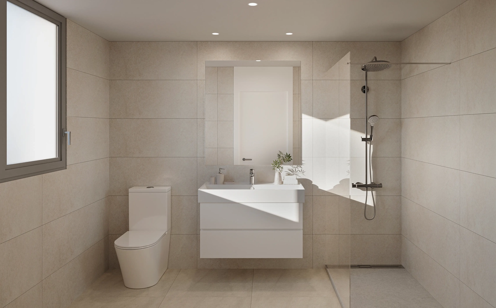 Contemporary bathroom featuring clean lines, quality materials, and a walk-in shower.