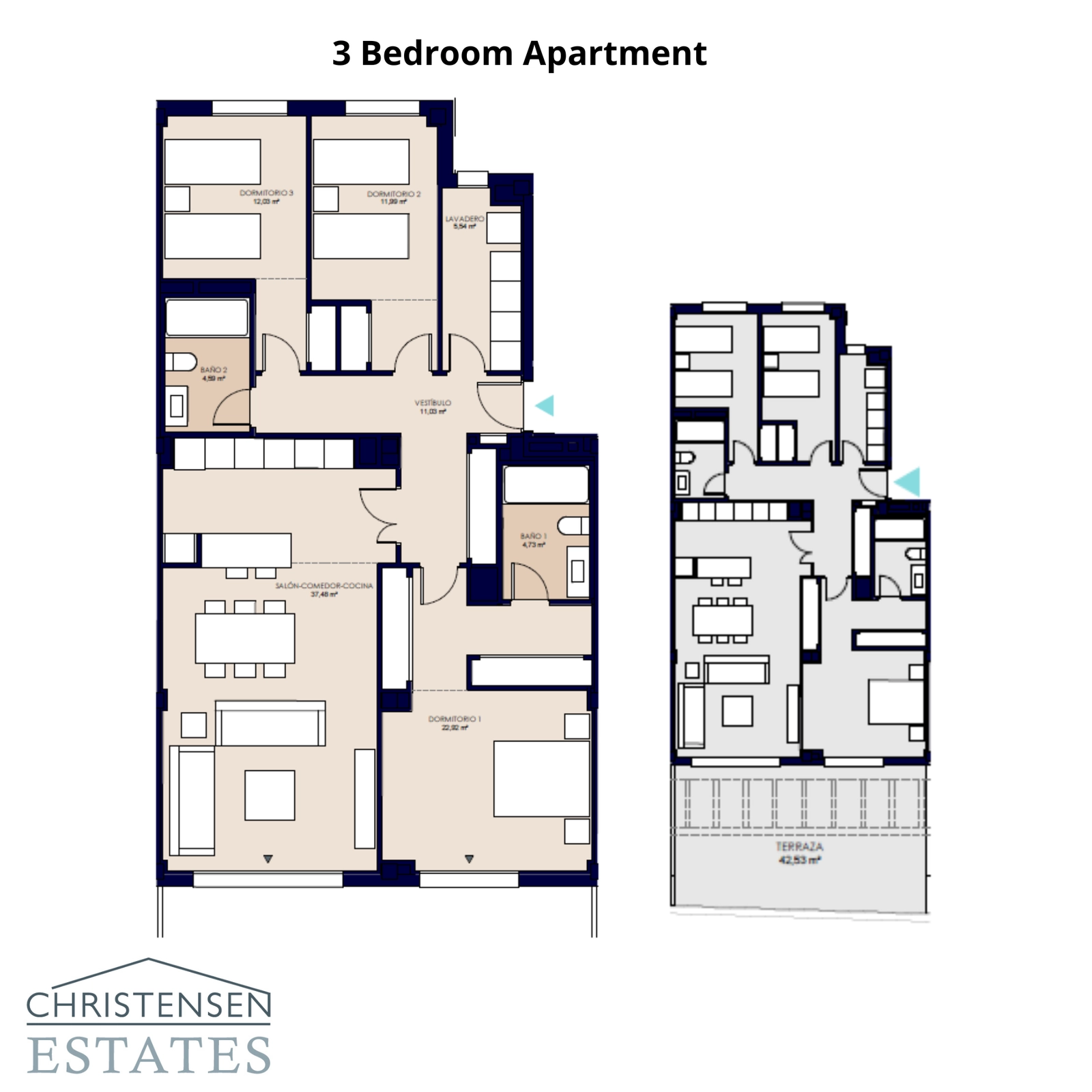 This three-bedroom apartment layout offers generous rooms and a large terrace for outdoor living.