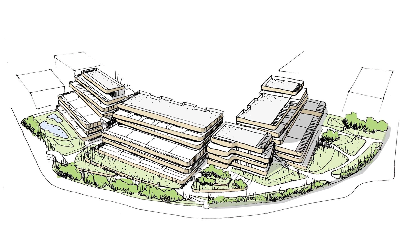 Architectural sketch illustrating the development's elegant design and integration with the landscape.