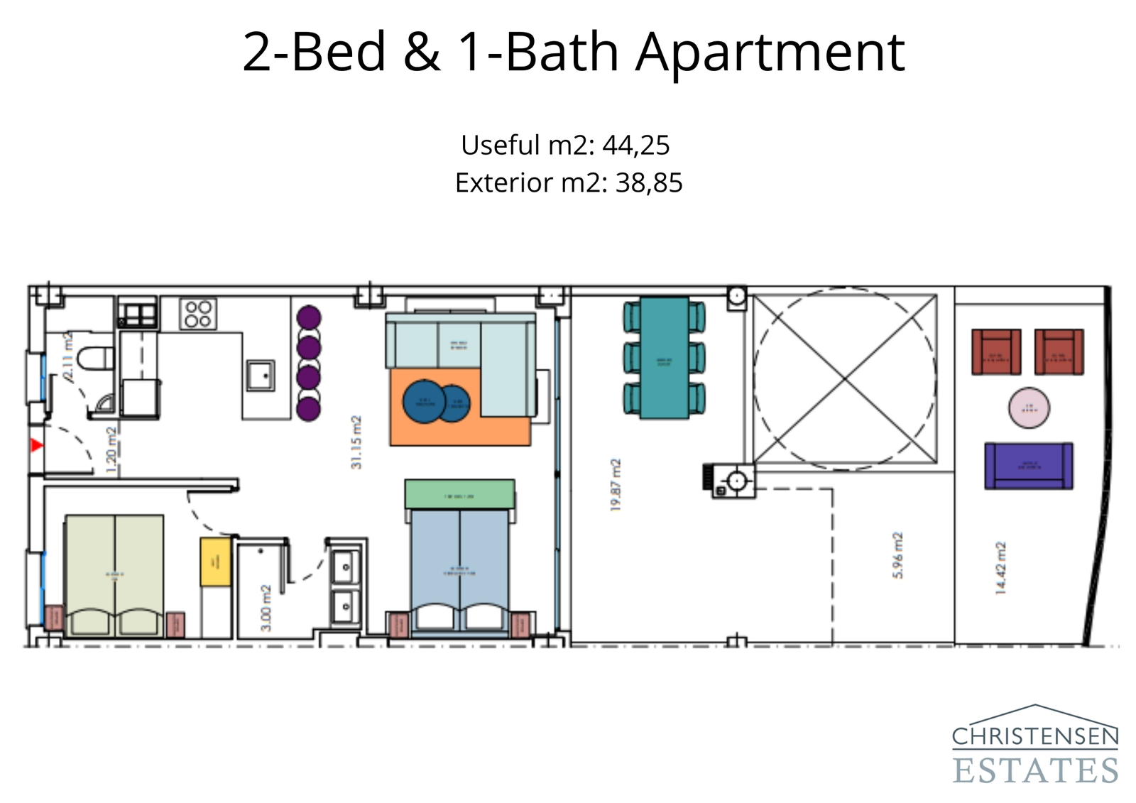 Floor plan for a well-designed two-bedroom, one-bathroom apartment, showing an efficient layout with a generous outdoor terrace.