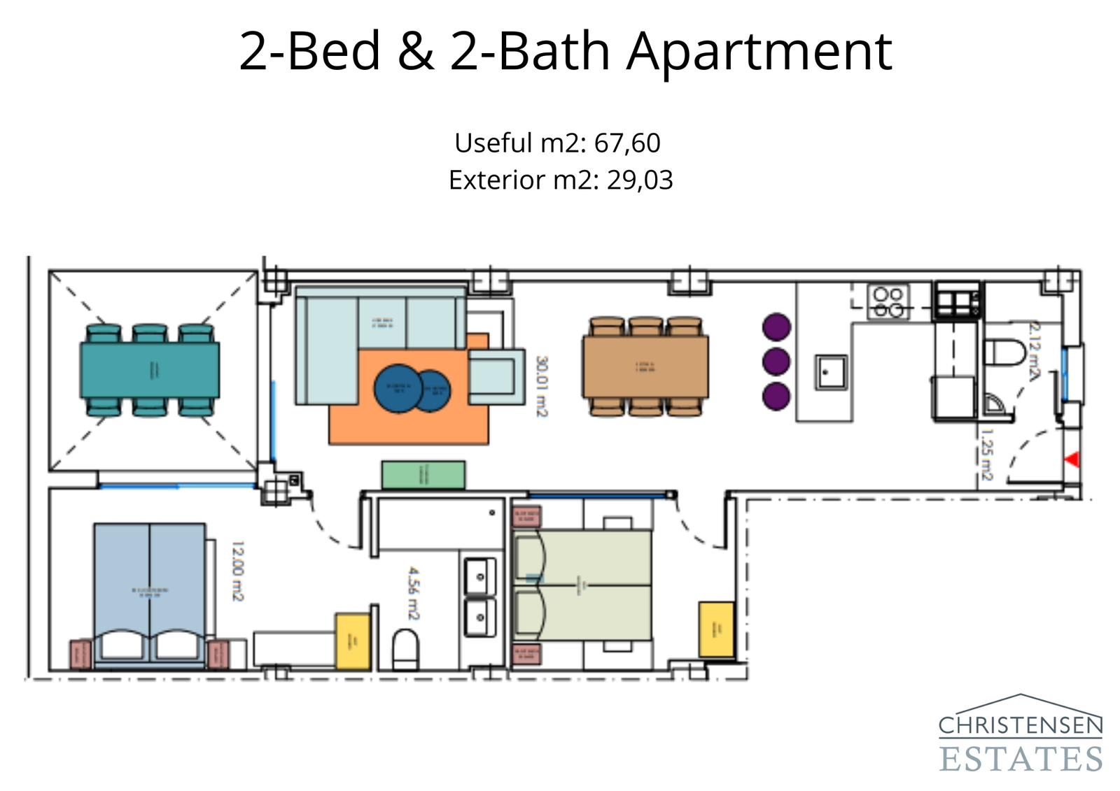 Layout of a spacious two-bedroom, two-bathroom home, highlighting the open-plan living area and comfortable bedroom sizes.