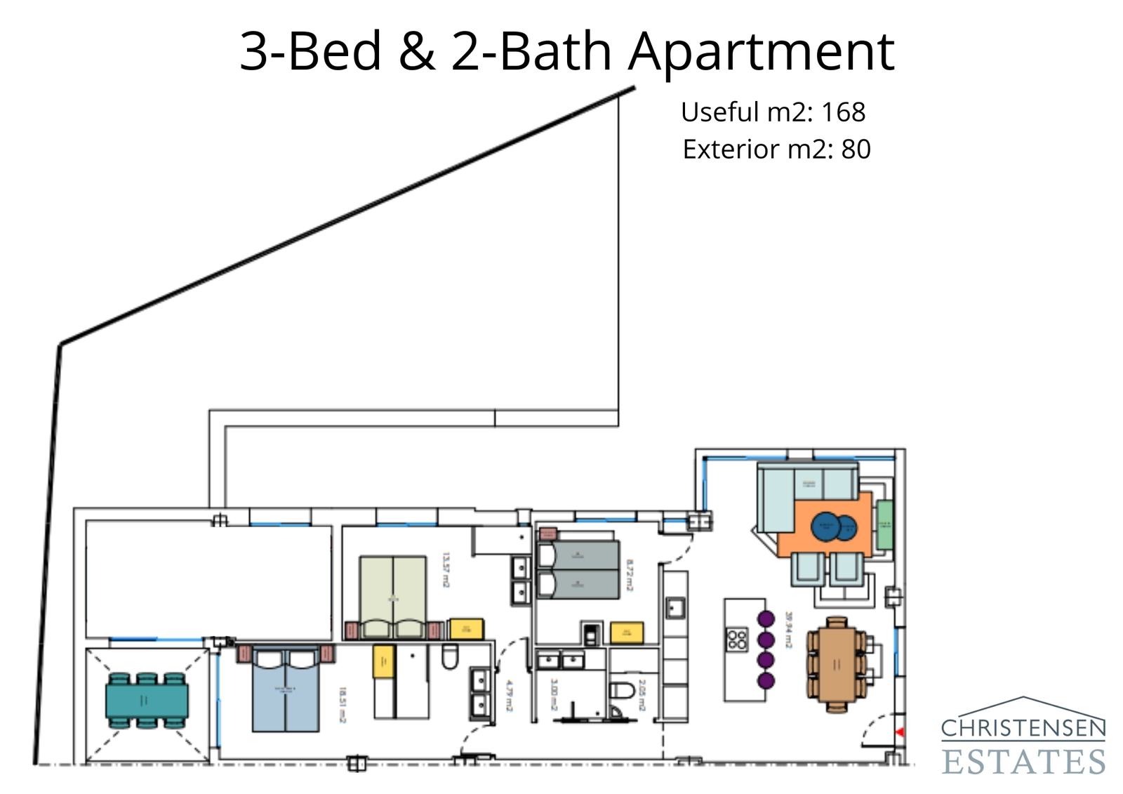 This three-bedroom apartment layout offers ample space for family living, with a large terrace to enjoy the Costa del Sol lifestyle.