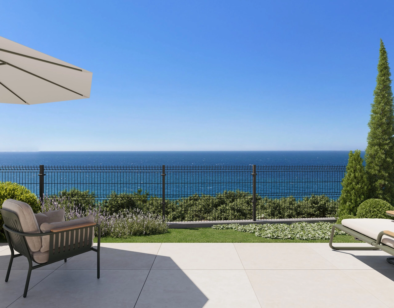 A tranquil corner in your private garden, surrounded by beautiful landscaping with the sea beyond.