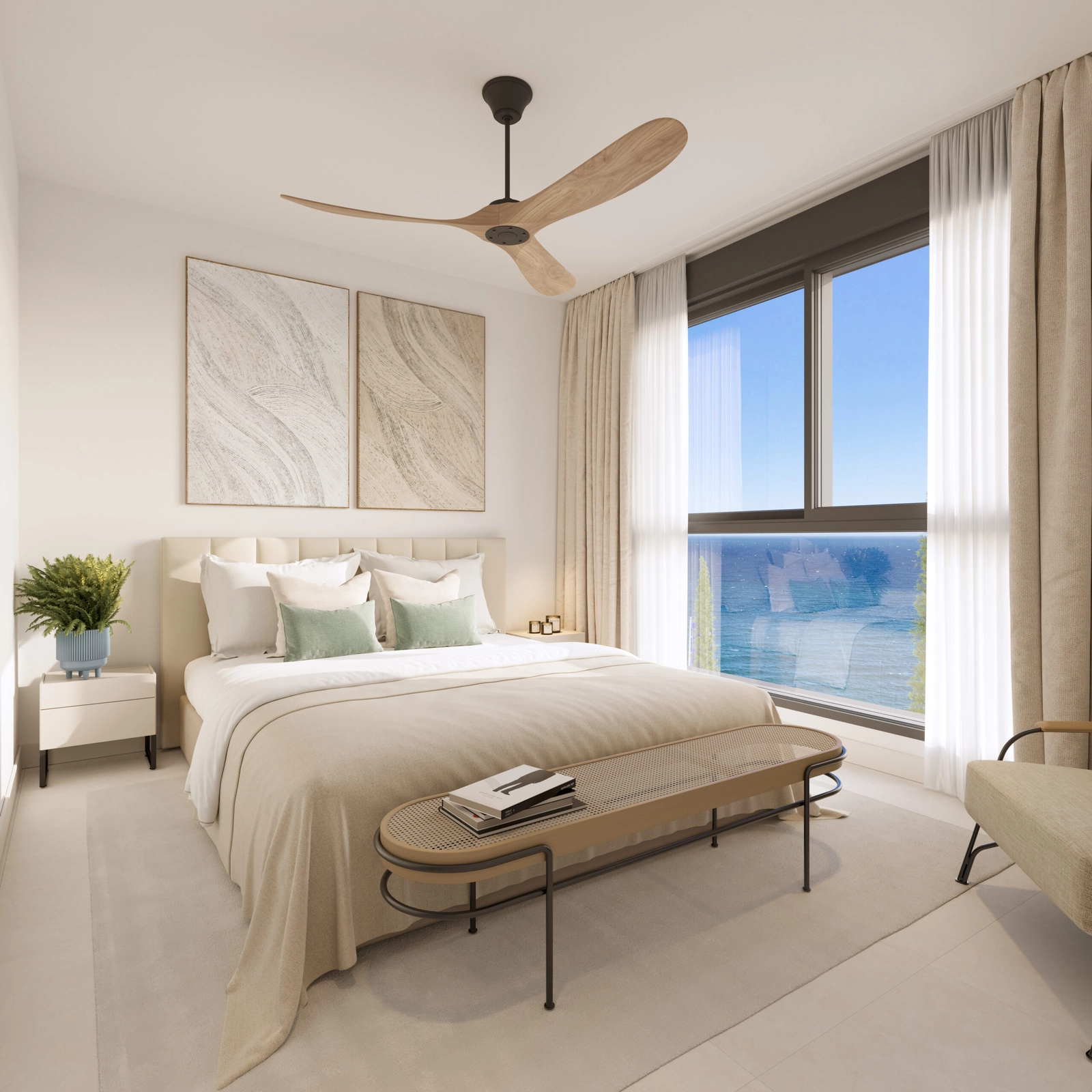 The master bedroom is a peaceful retreat, filled with natural light and views of the Mediterranean.