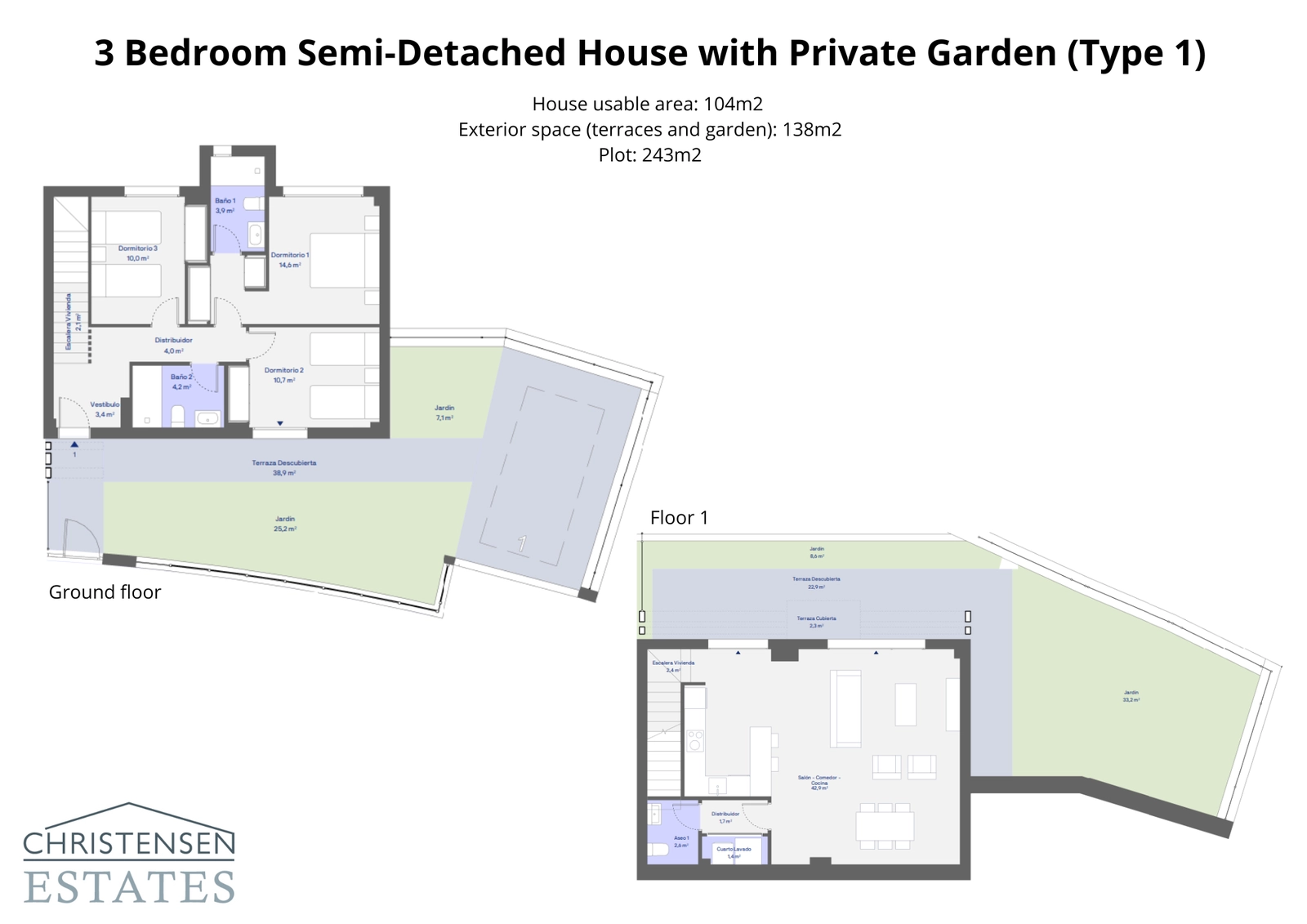 This three-bedroom home layout shows a functional two-floor design, connecting spacious interiors with a generous terrace and garden for perfect indoor-outdoor living.
