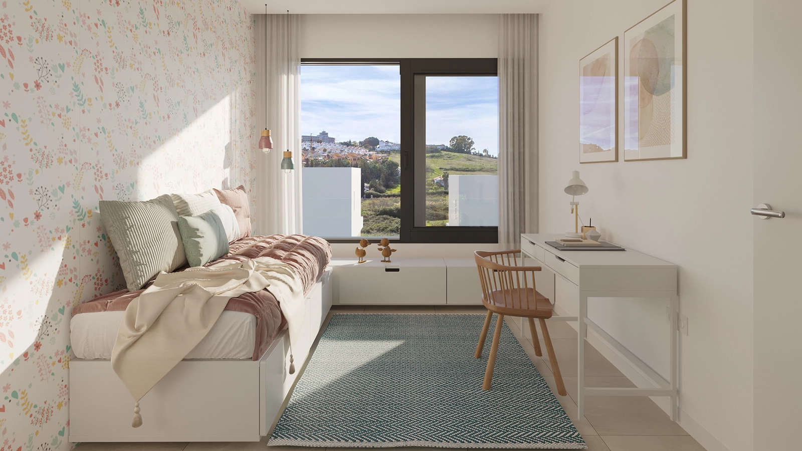 A charming and versatile bedroom that can be personalized for children, guests, or as a home office.