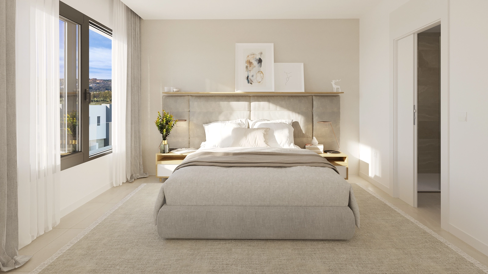 The serene master bedroom is a peaceful retreat, offering comfort, style, and beautiful views.