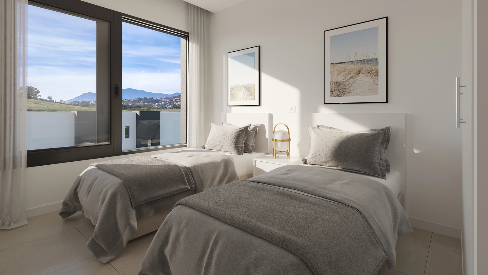 Guest bedrooms are bright and spacious, with large windows framing views of the surrounding landscape.