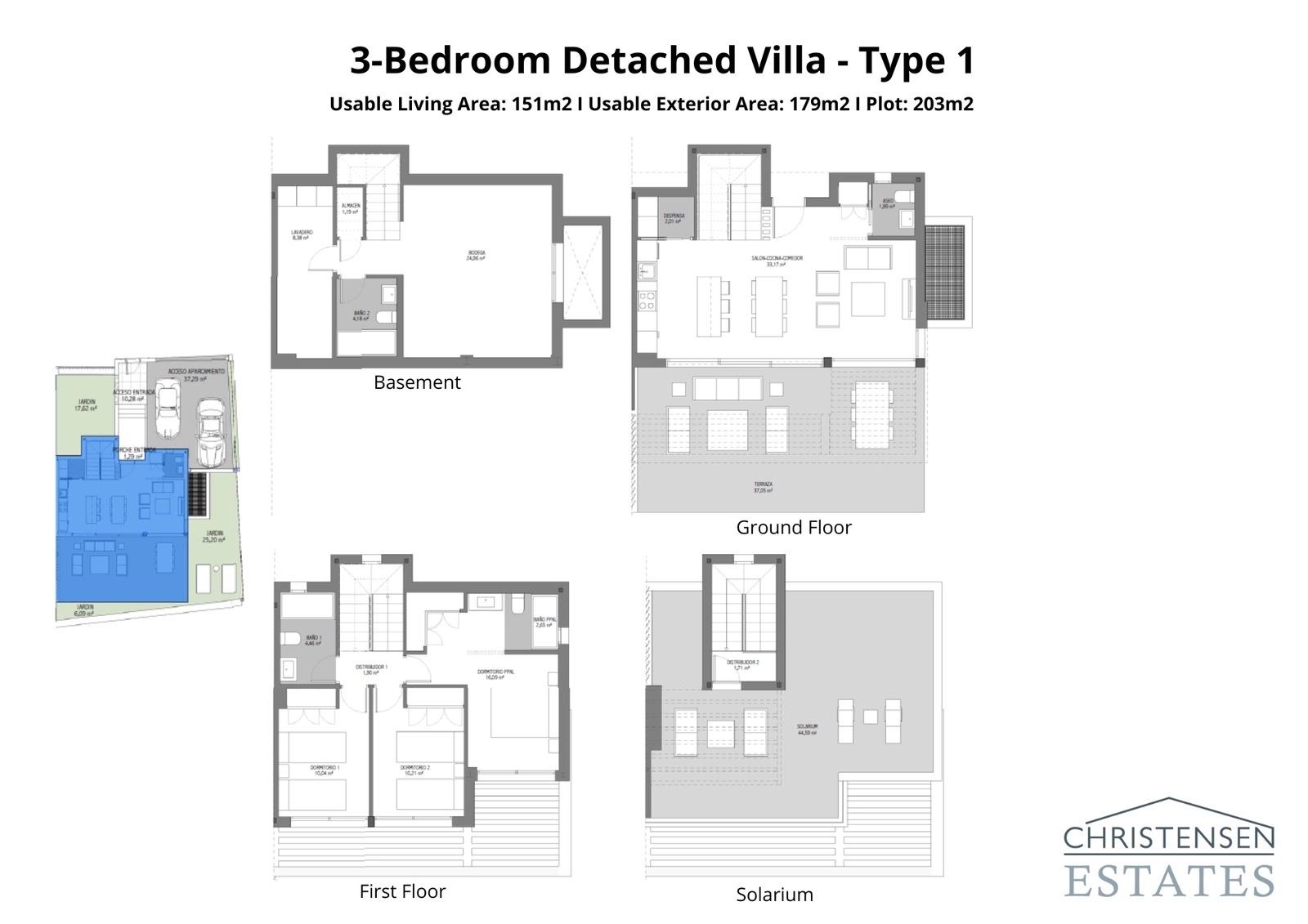 This three-bedroom villa layout features an intelligent design with a spacious basement, open-plan ground floor, and a private solarium for optimal indoor-outdoor living.