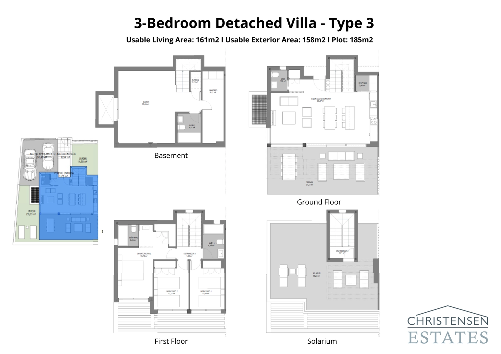 This villa type provides an expansive ground floor living area that extends onto a large terrace, complemented by three bedrooms upstairs and a spectacular solarium.