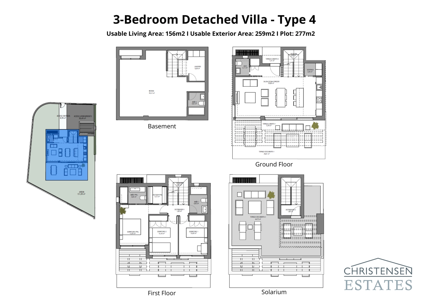 Explore the layout of this spacious three-bedroom home, designed for comfort and privacy with a flowing living area, ample outdoor space, and a rooftop solarium.