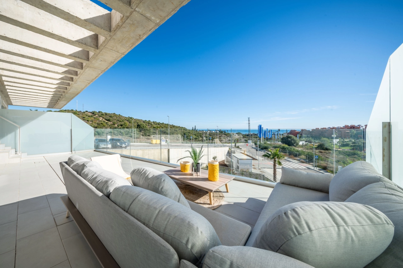 Enjoy views towards the sea and hills from the expansive terrace, an ideal space for outdoor living.
