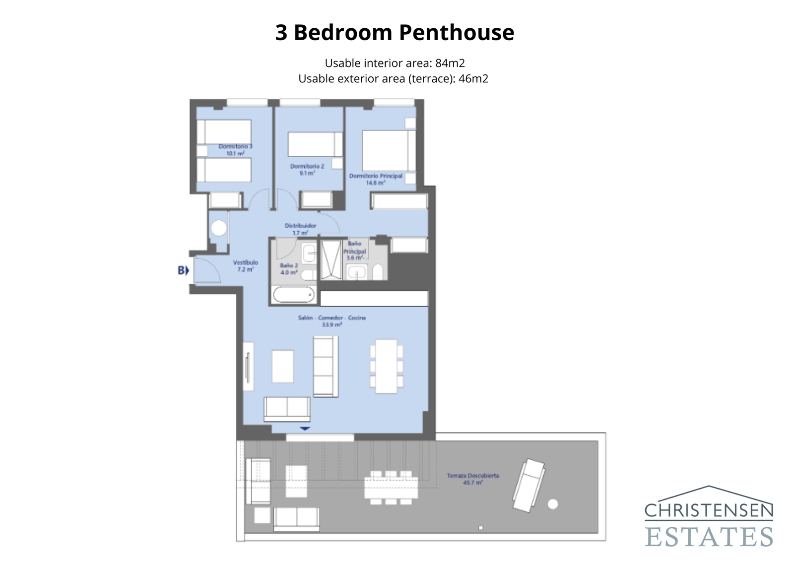 Three-bedroom penthouse home – A luxurious layout offering ample space, three comfortable bedrooms, and an expansive terrace for enjoying the views.