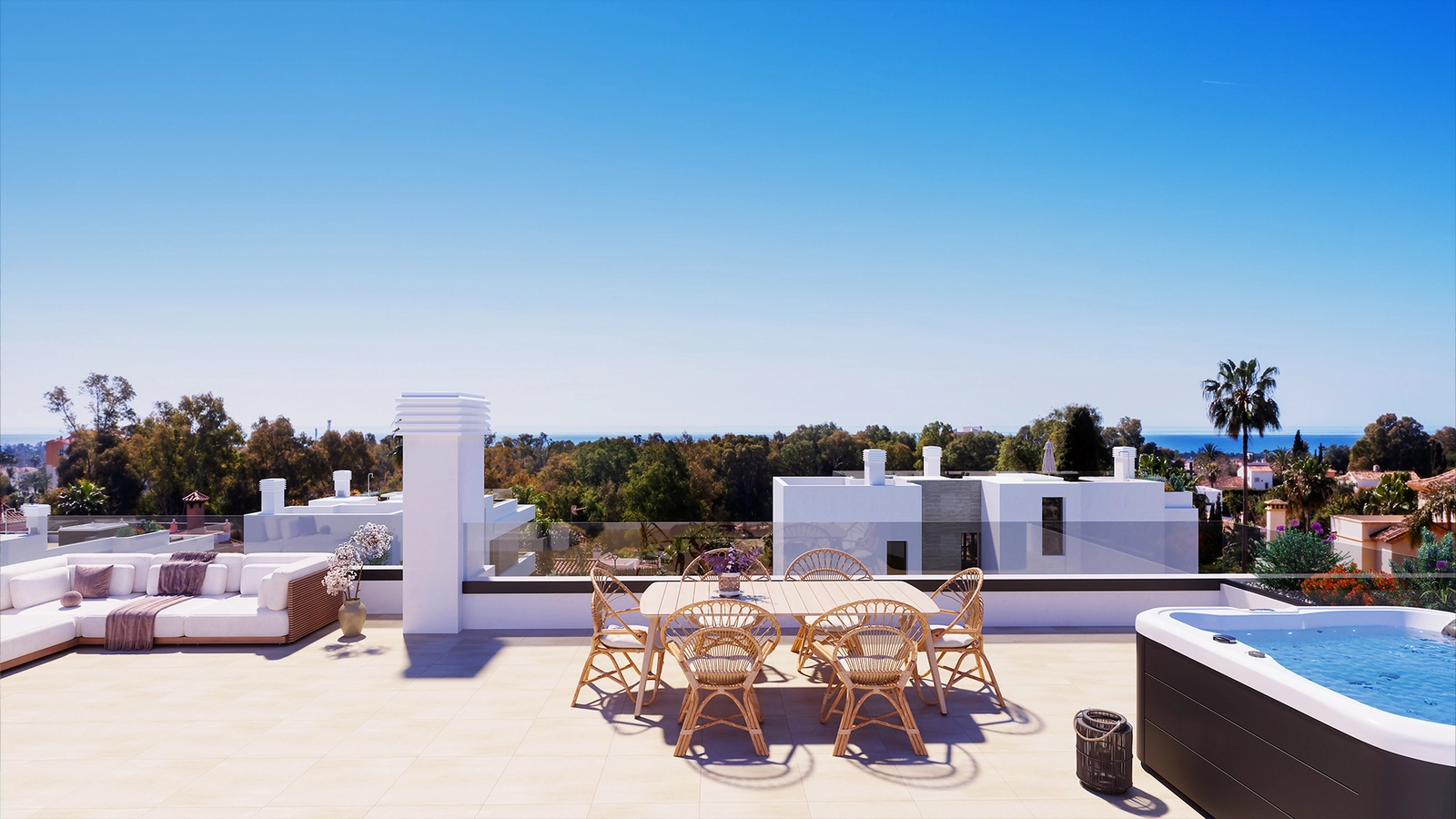 The spacious rooftop solarium, a perfect private space for relaxing, dining, and enjoying panoramic sea views.