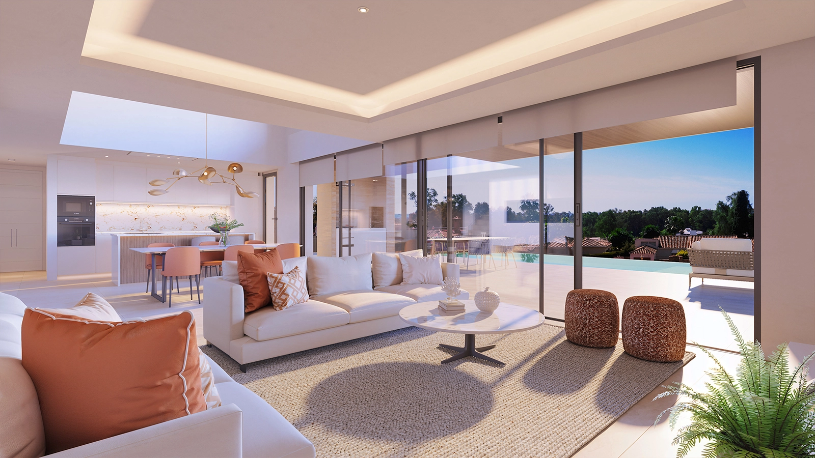 The bright and spacious open-plan living area, seamlessly connected to the terrace and pool for effortless indoor-outdoor living.
