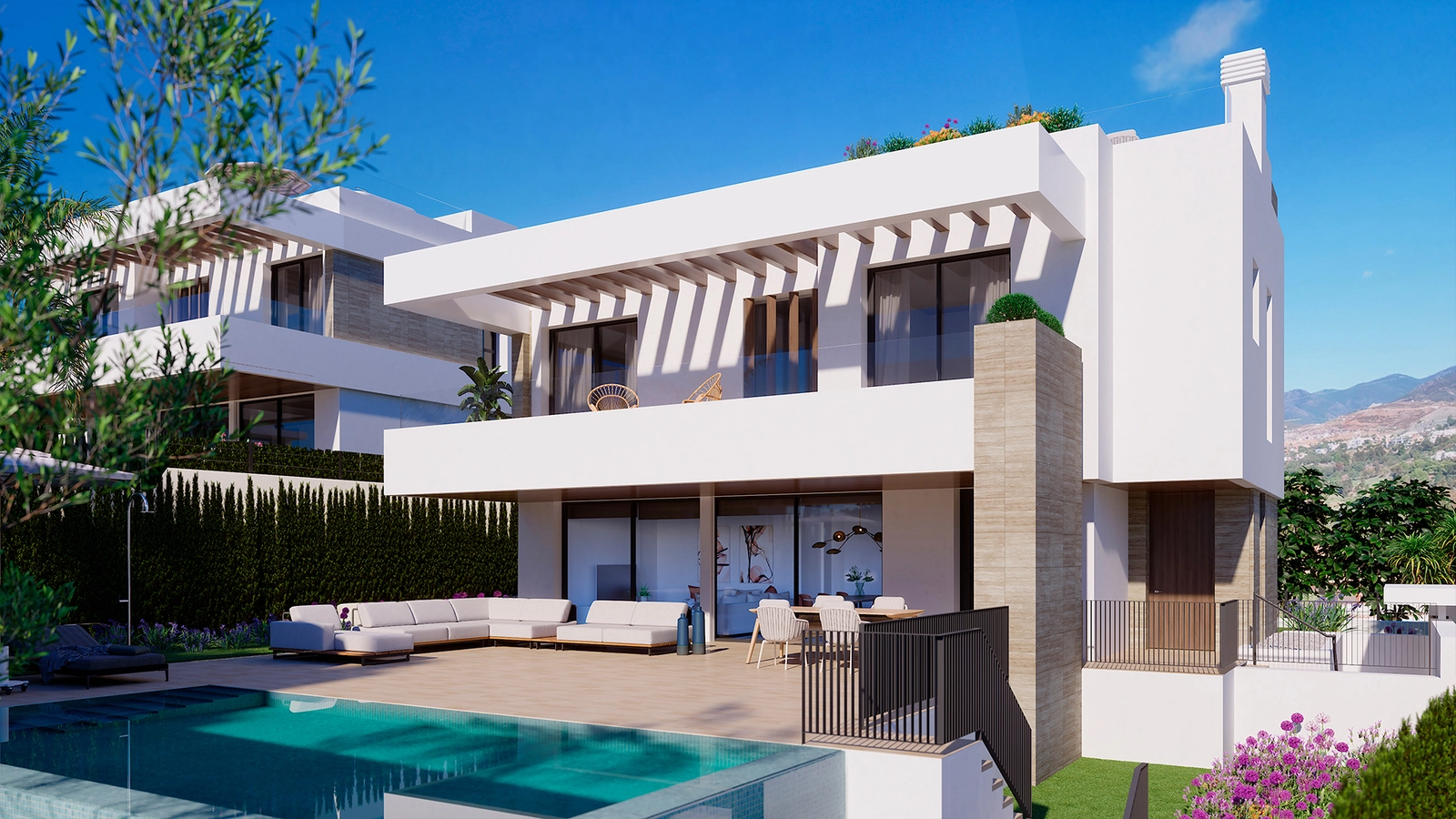 The villa's modern architecture blends clean lines with natural materials, creating a timeless and elegant home.