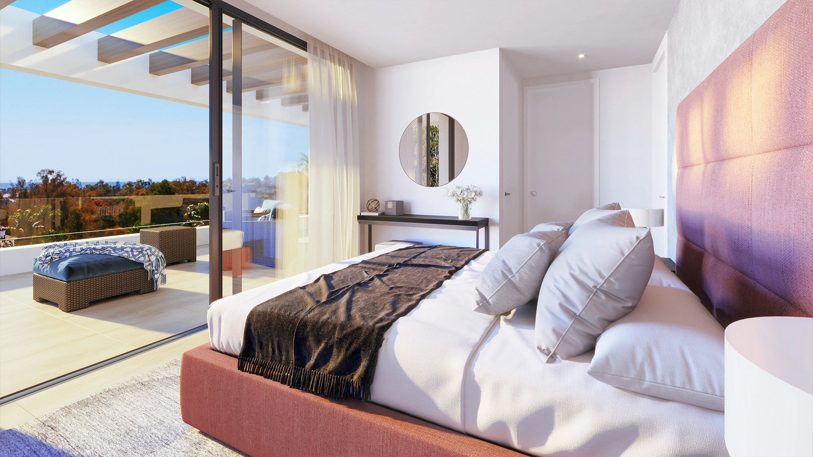 A tranquil master bedroom with direct access to a private terrace, offering a peaceful retreat with beautiful views.