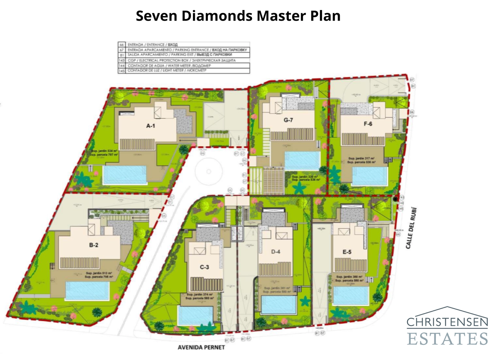 The master plan for the development, illustrating the exclusive and private layout of the seven unique villas and their plots.