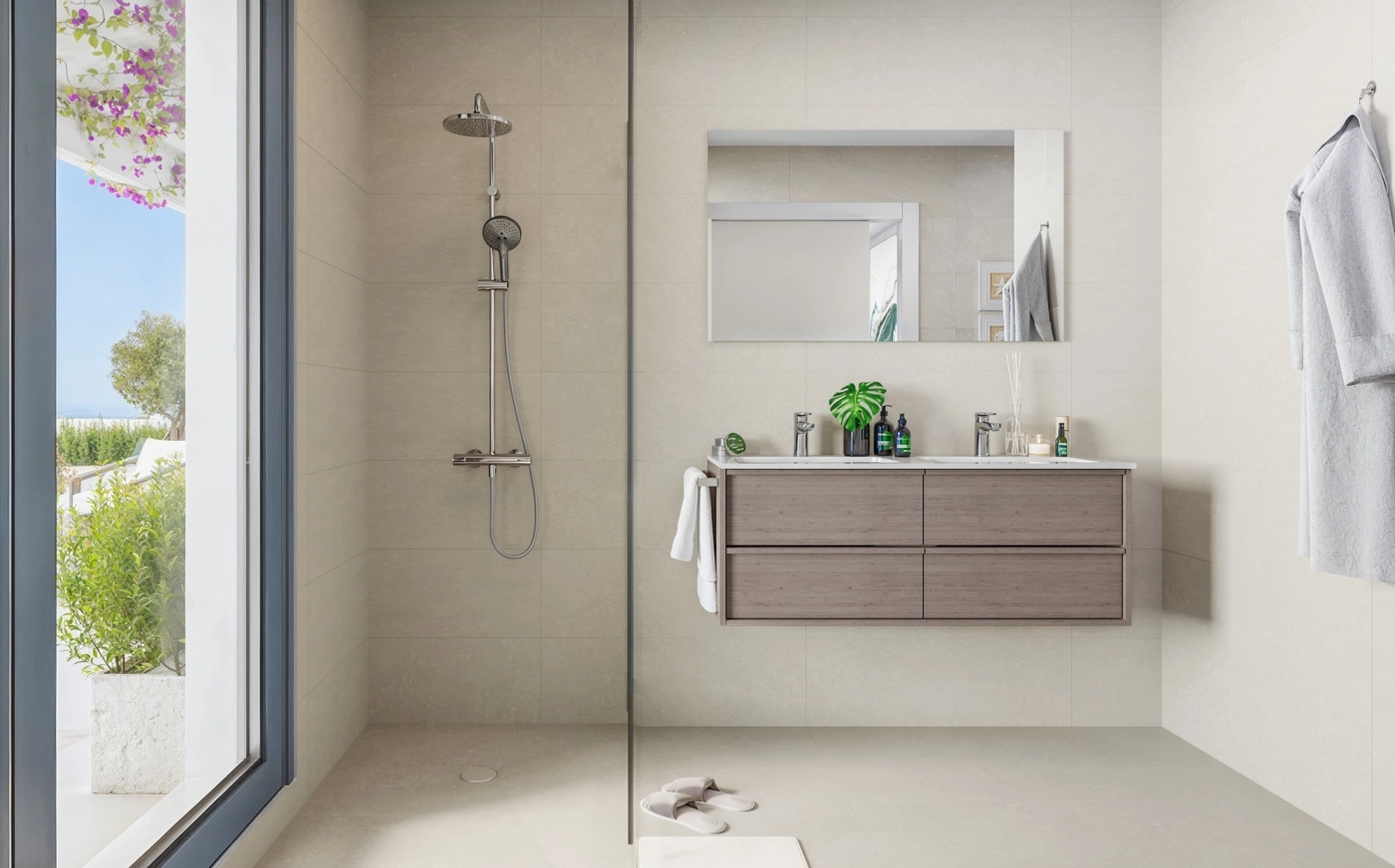 A contemporary bathroom featuring high-quality materials and a spacious walk-in shower for ultimate comfort.