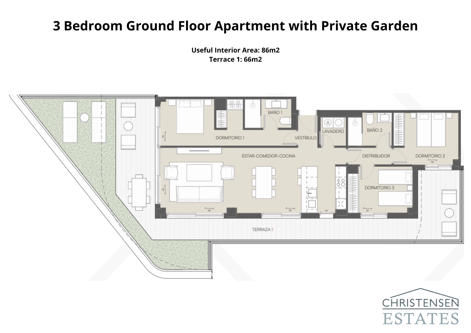 Three-bedroom ground floor home with a spacious layout that connects to a generous terrace and private garden.