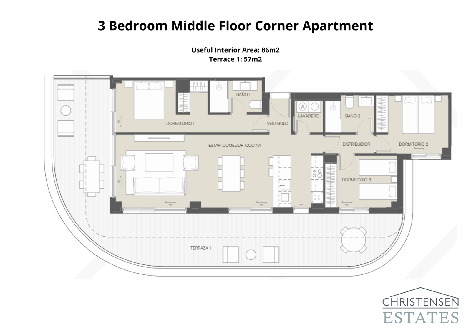 This middle floor corner apartment design maximizes light and views with an expansive wrap-around terrace.