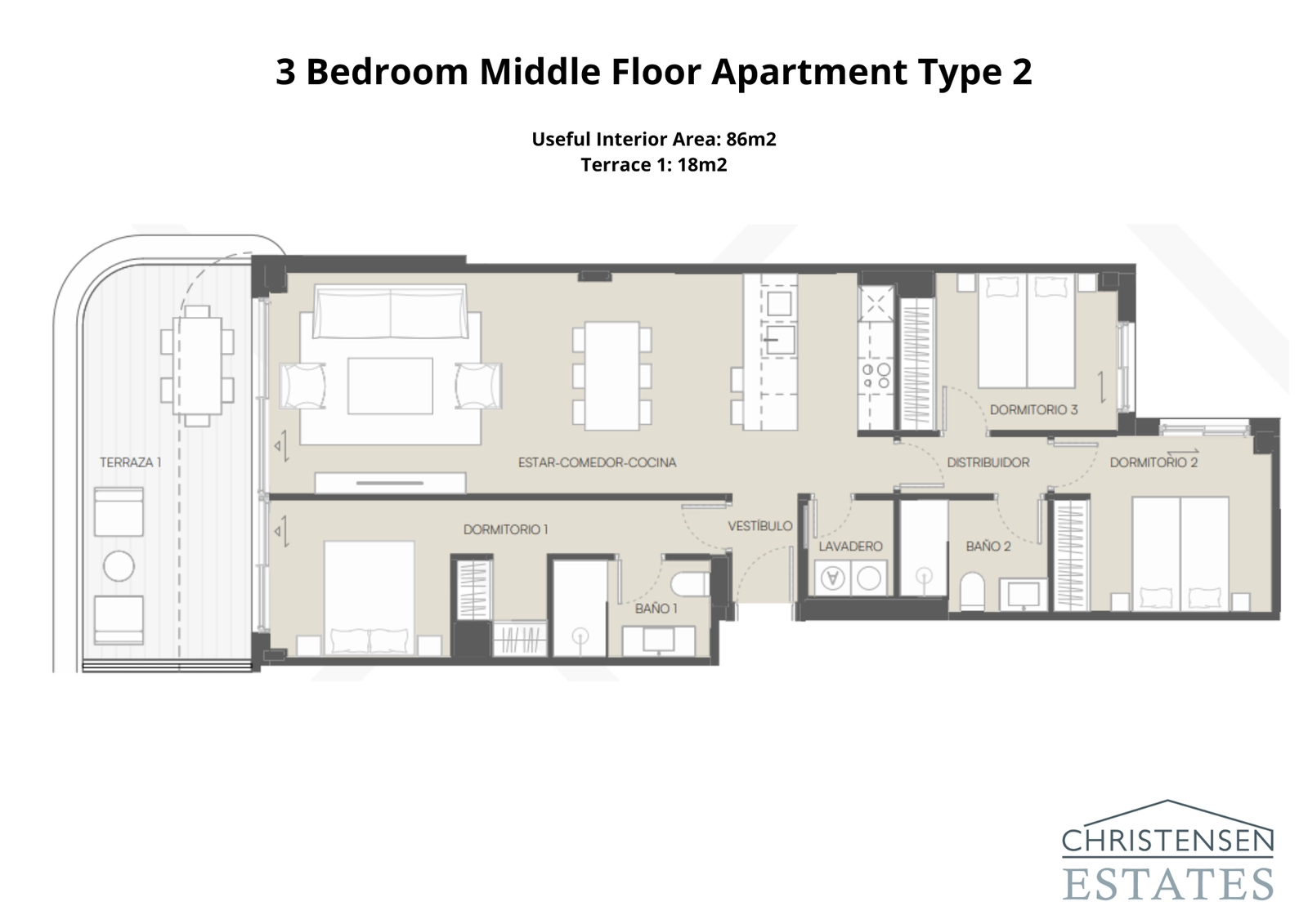 An efficient and elegant three-bedroom layout for a middle floor home, offering comfort and style.