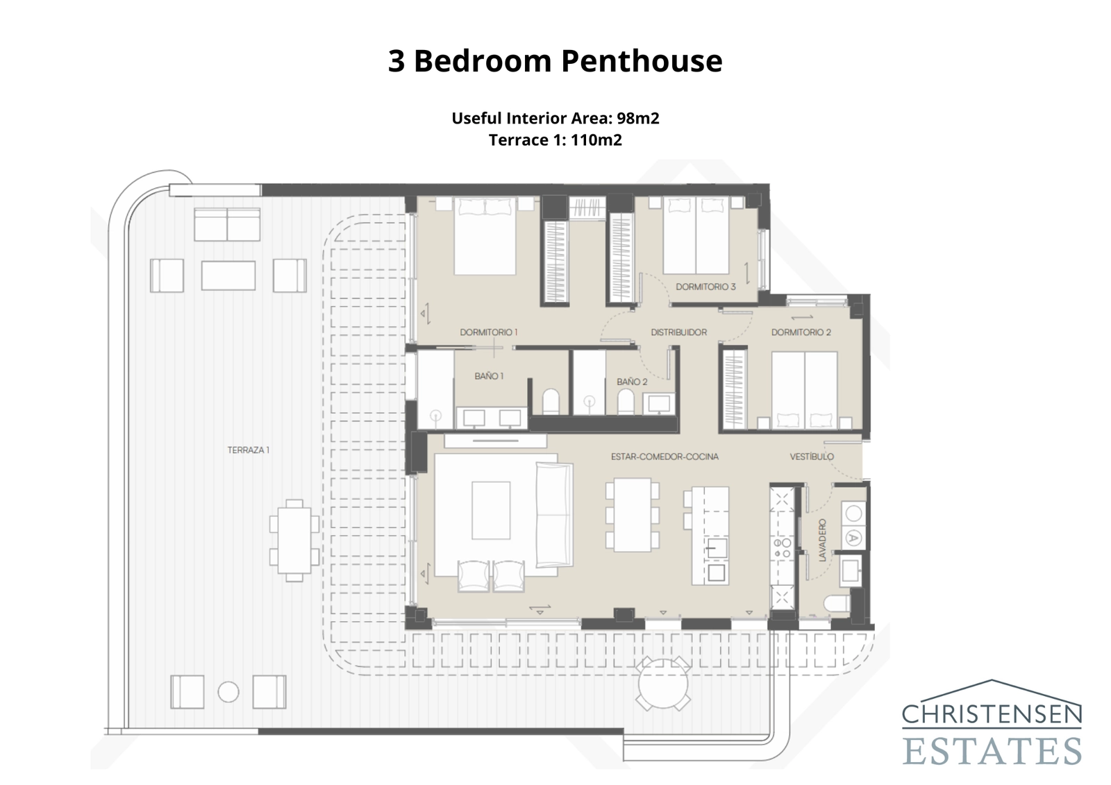 The exclusive penthouse floor plan, featuring a vast corner terrace for an exceptional indoor-outdoor lifestyle.