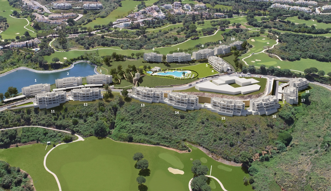 An aerial perspective of the Solana Village development, showcasing its integration with the beautiful golf landscape of the Costa del Sol.